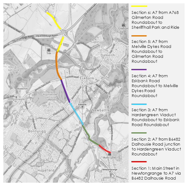 As well as delivering the advanced works, we are thinking about larger, more significant improvements along the A7 corridor, which you can see in this map - see sections 1 to 6.