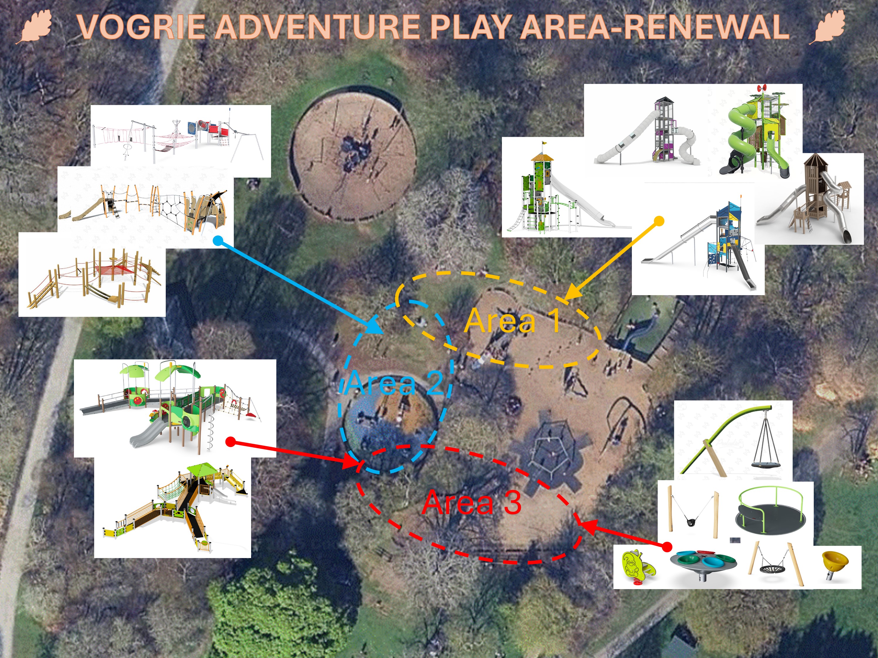 An overhead view of the adventure area with examples of the types of new play equipment